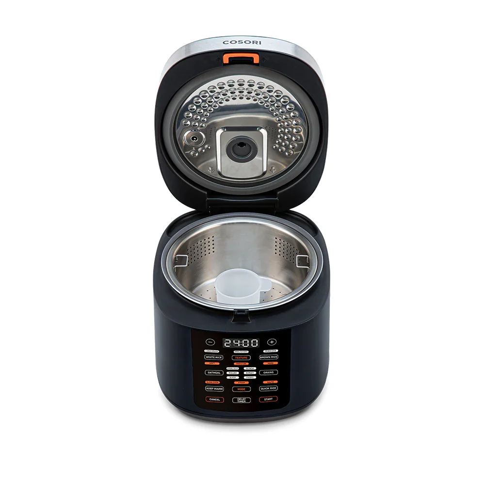 Cosori 5.0 Quart Rice Cooker with lid open showing the interior heating plate and empty nonstick inner pot