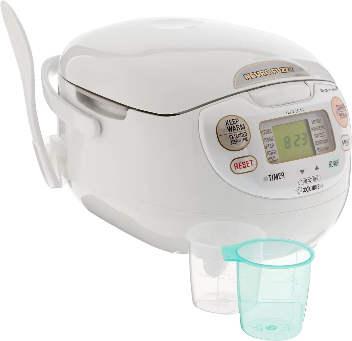 Zojirushi NS-ZCC10 rice cooker with included measuring cups and spatula holder