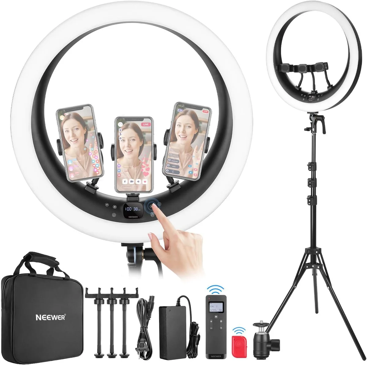 Neewer RP19H ring light frontal view with three phones mounted showing live streaming setup, tripod stand, carry bag, and remote control