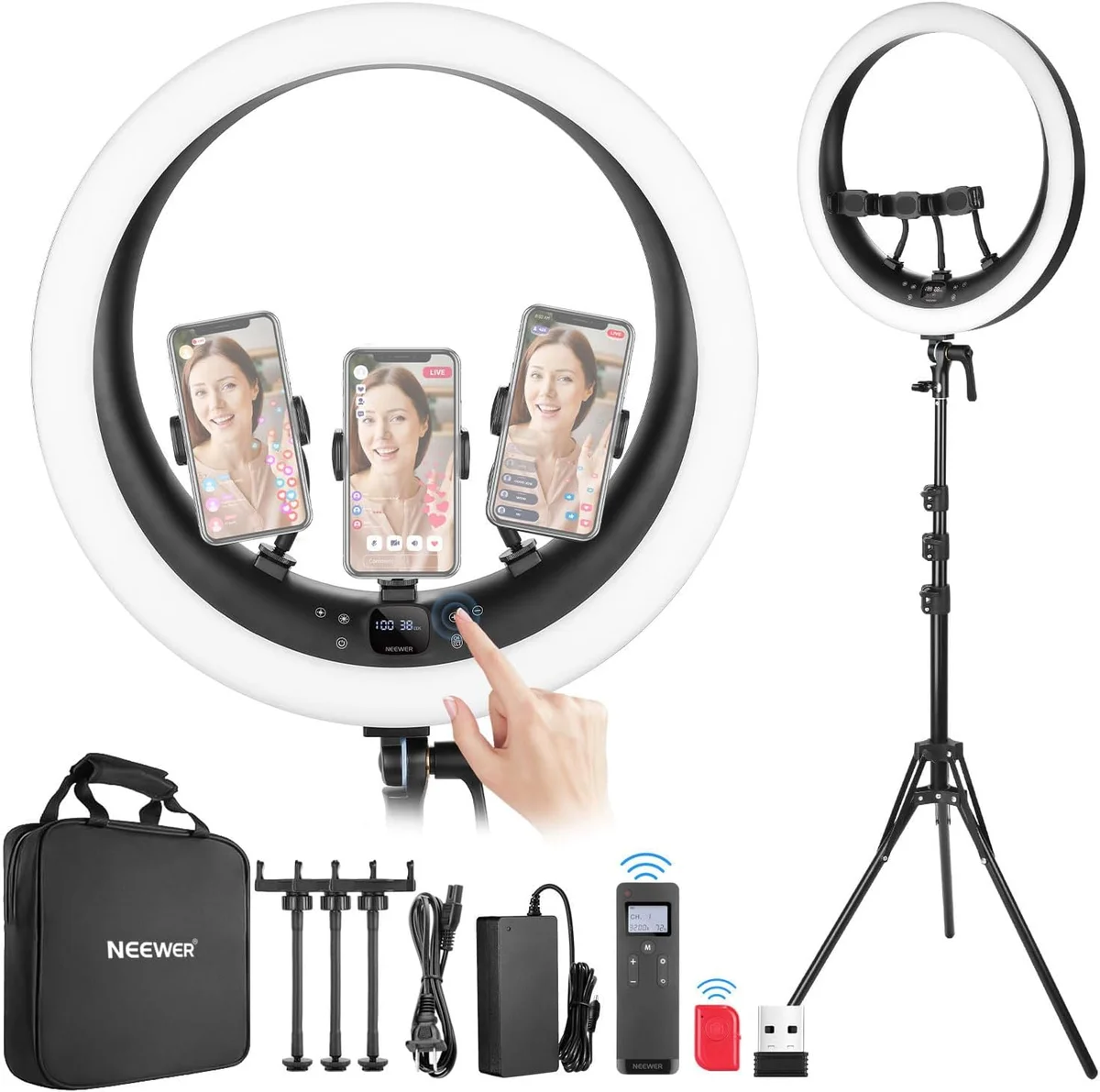 Neewer RP19H ring light kit laid out showing carry bag, phone holders, power adapter, remote, and USB dongle on white background
