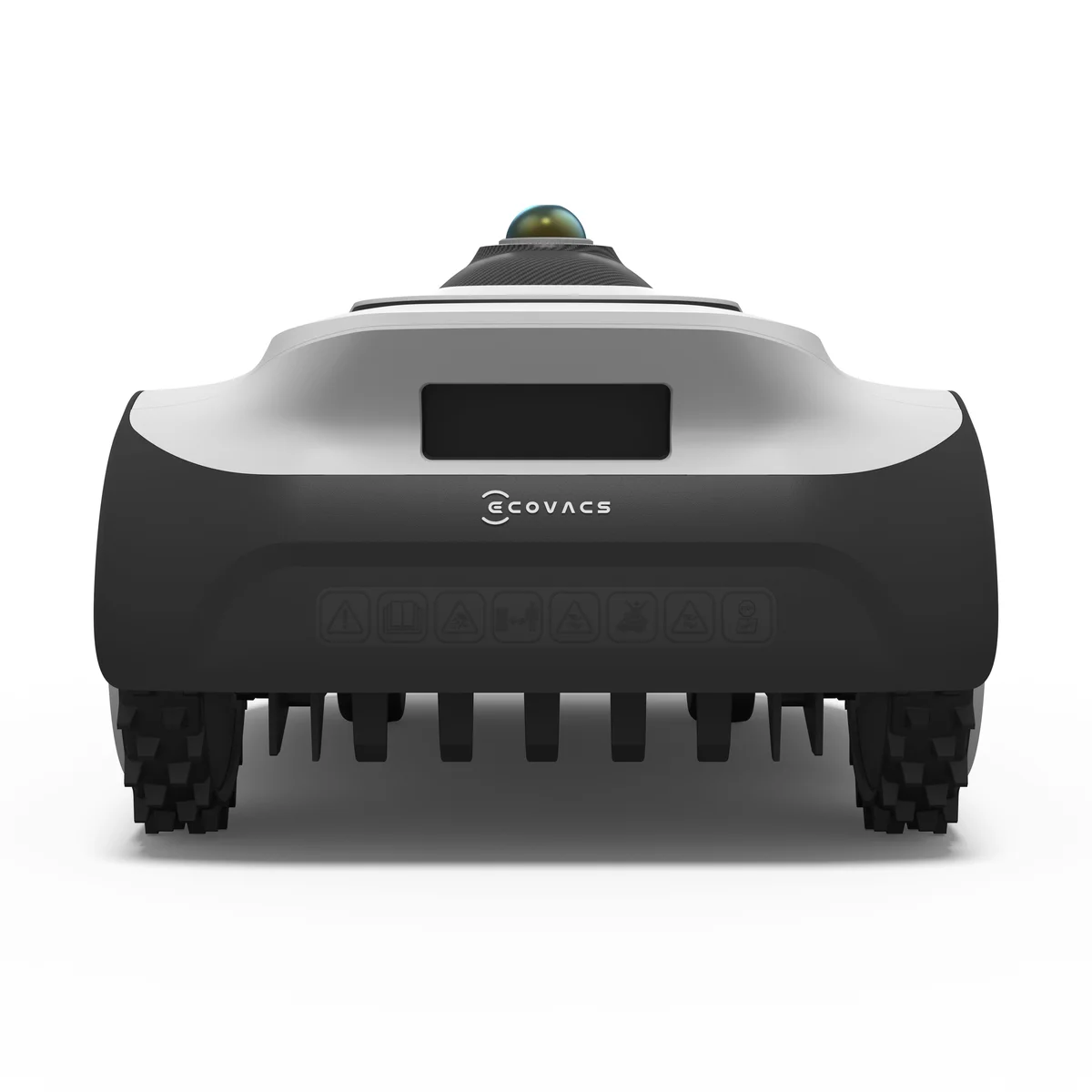 Ecovacs Goat A3000 straight-on front face view showing Ecovacs logo, blade cutting head, and front wheels