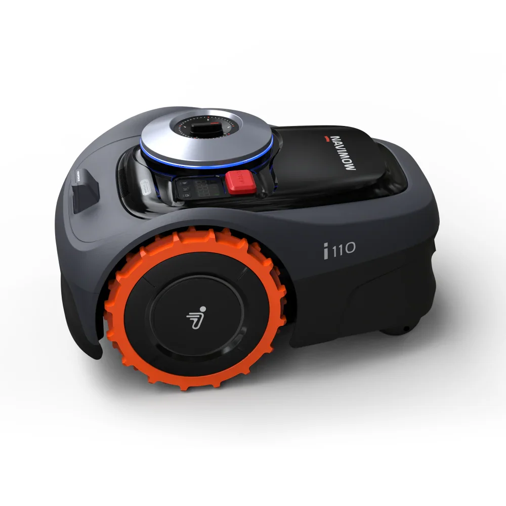 Segway Navimow i110N front side view highlighting the orange all-terrain drive wheel