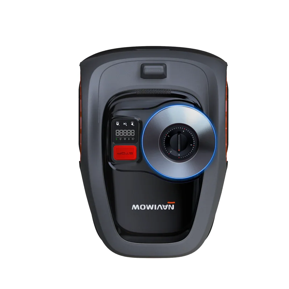 Segway Navimow i110N top-down view showing the STOP button, LED display, and cutting height dial