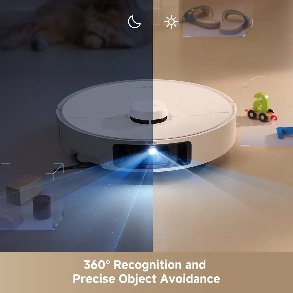 MOVA P10 Pro Ultra close-up of obstacle avoidance camera detecting objects in day and night lighting