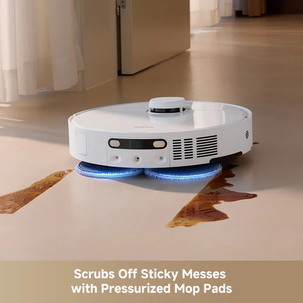 MOVA P10 Pro Ultra mopping a hard floor with its dual spinning pressurized mop pads