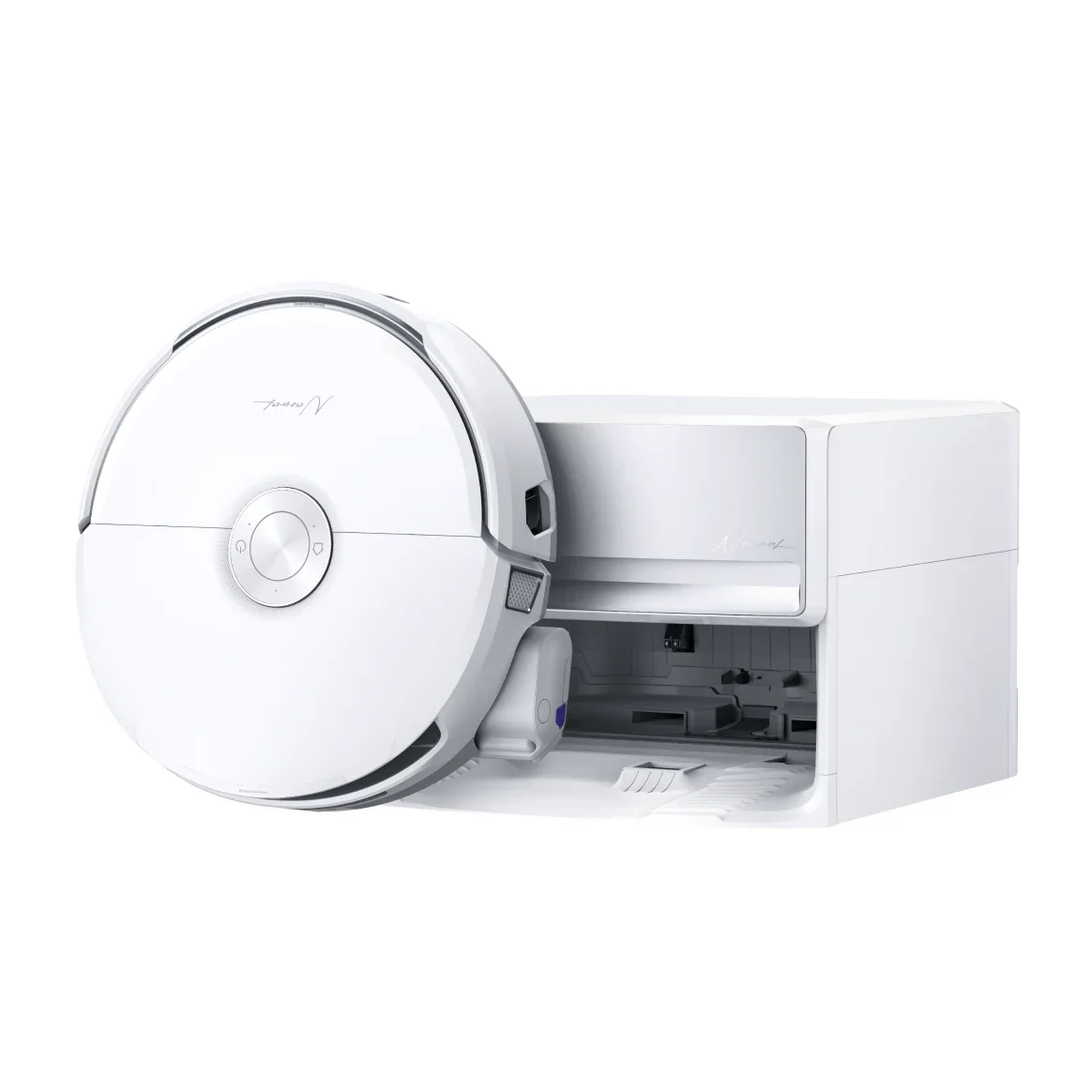 Narwal Flow robot vacuum top view next to docking station with open cleaning bay