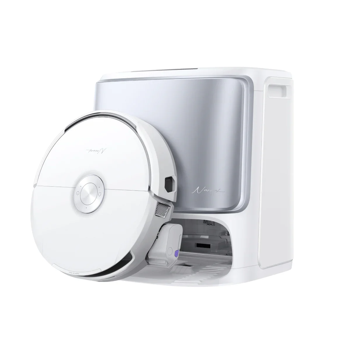 Narwal Flow robot vacuum from angled top view with self-emptying station showing silver front panel