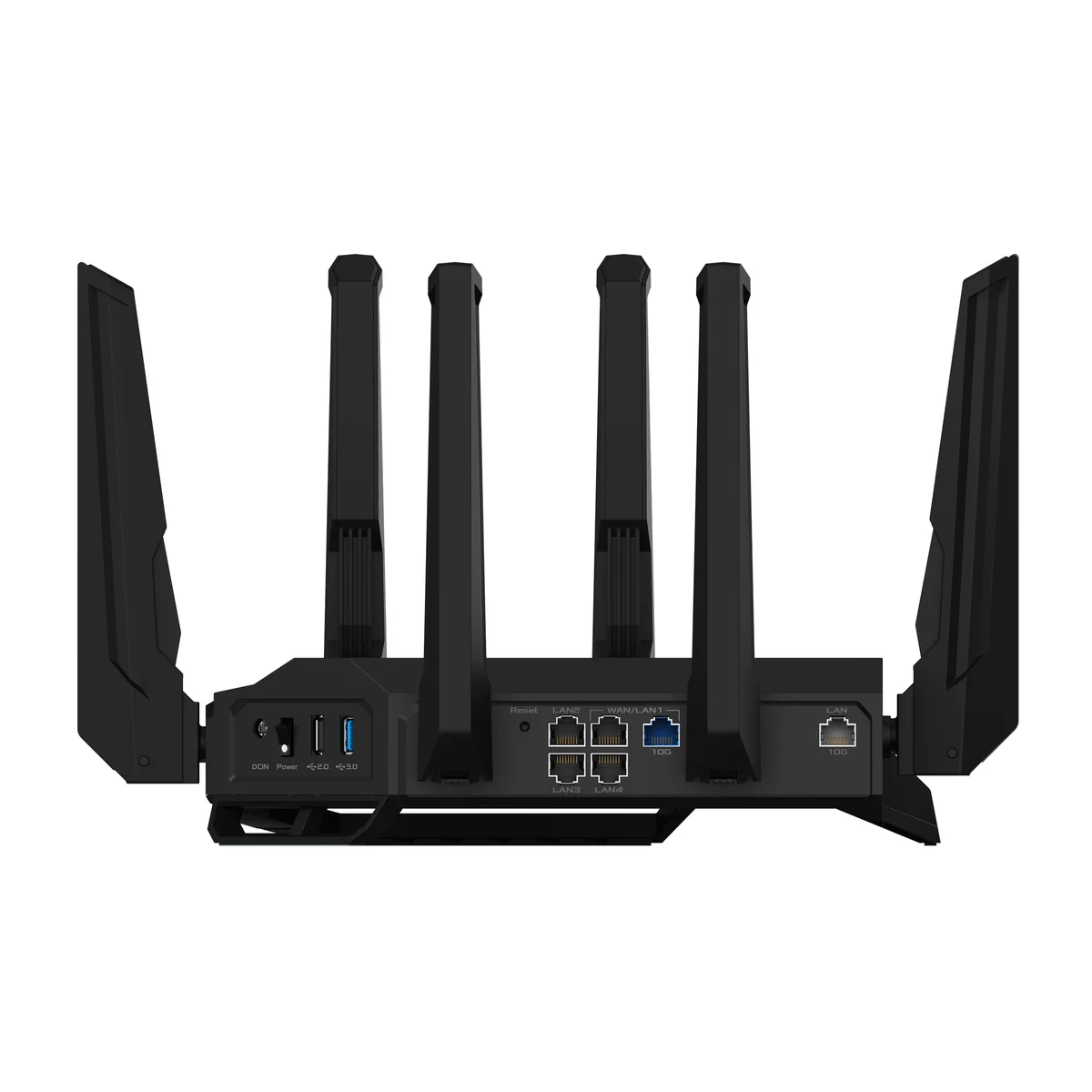ASUS RT-BE96U rear port panel showing dual 10G ports, LAN ports, and USB connections
