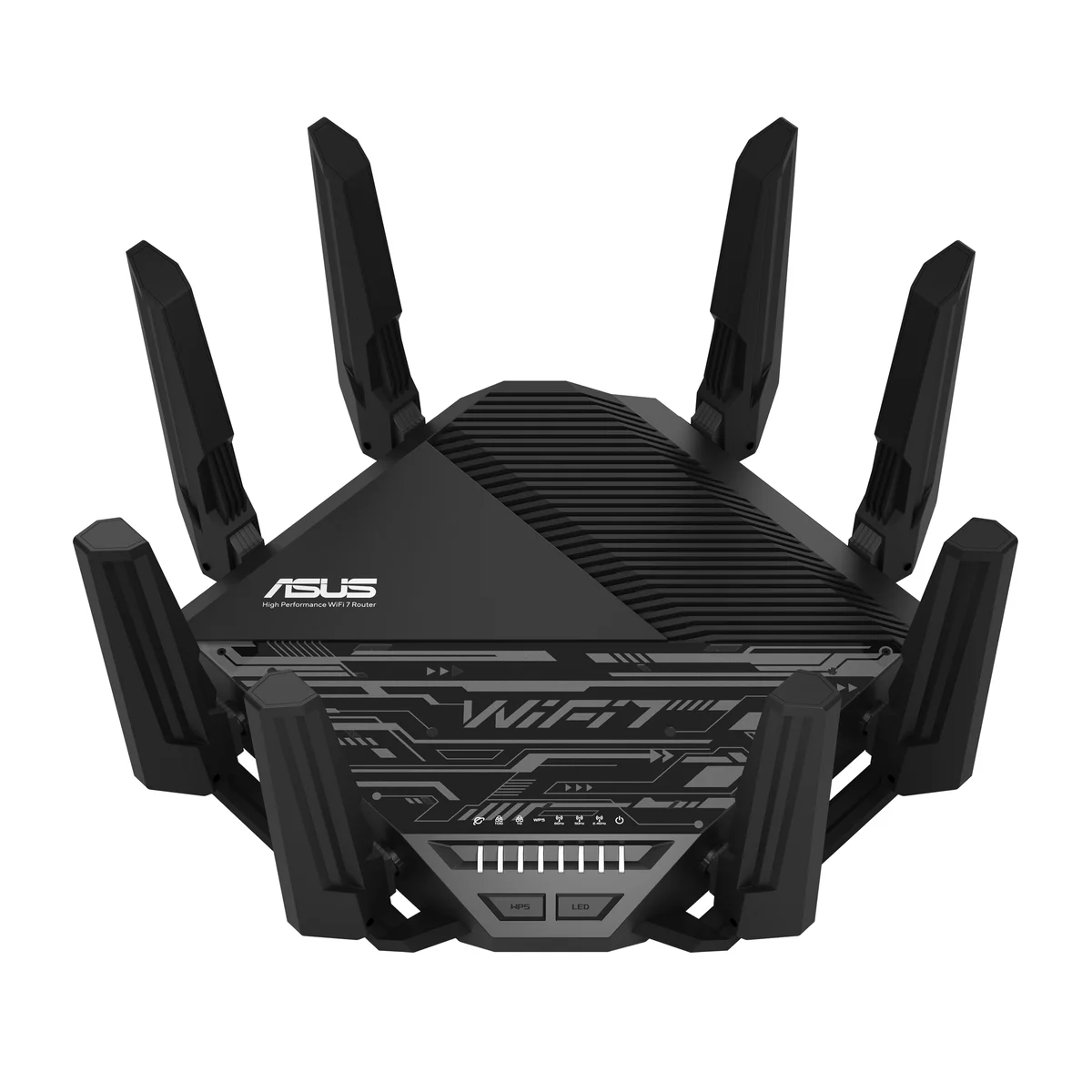 ASUS RT-BE96U top-down front view showing LED status strip and WPS/LED buttons