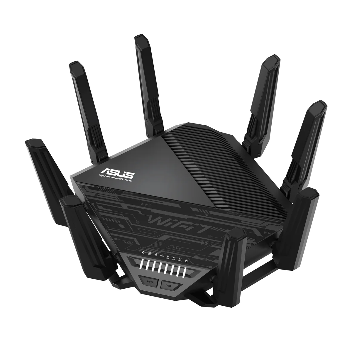 ASUS RT-BE96U Wi-Fi 7 router, 3/4 overhead angle showing all 8 antennas