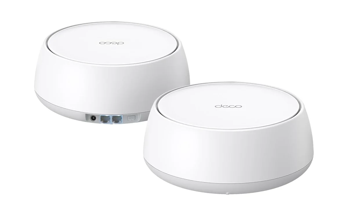 TP-Link Deco BE25 two nodes showing front and rear port panel