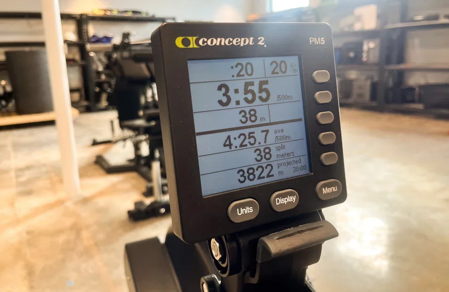 Concept2 RowErg — PM5 performance monitor showing live split and distance data