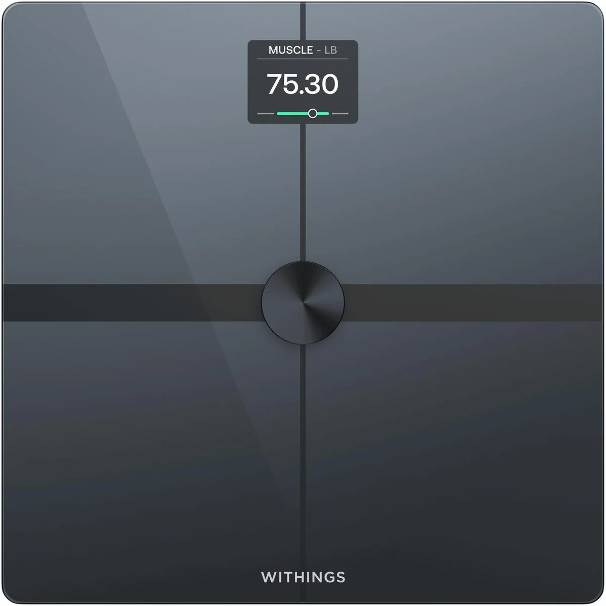 Withings Body Smart black smart scale front view with color display showing muscle metric