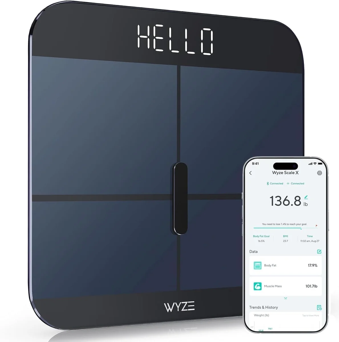 Wyze Scale X angled view with Wyze app showing body composition data on smartphone