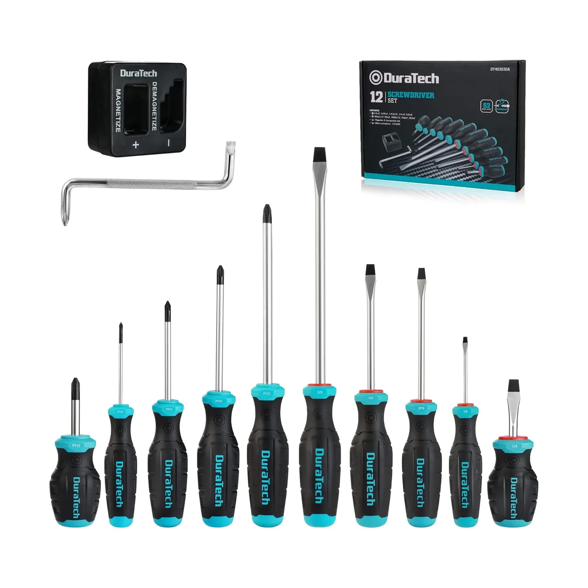 DURATECH 12-Piece Magnetic Screwdriver Set all 12 drivers laid out showing full range of Phillips and slotted sizes