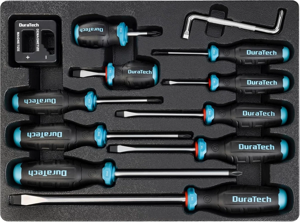 DURATECH 12-Piece Magnetic Screwdriver Set top-down overhead view of complete set in black storage tray