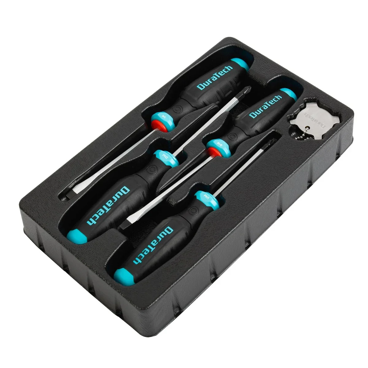 DURATECH 12-Piece Magnetic Screwdriver Set in black storage tray, 3/4 angle view on white background
