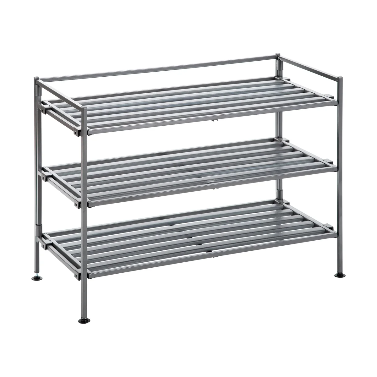 Seville Classics 3-Tier Resin Slatted Shoe Rack in Ash Gray, empty, angled three-quarter view on white showing the steel frame and three slatted shelves