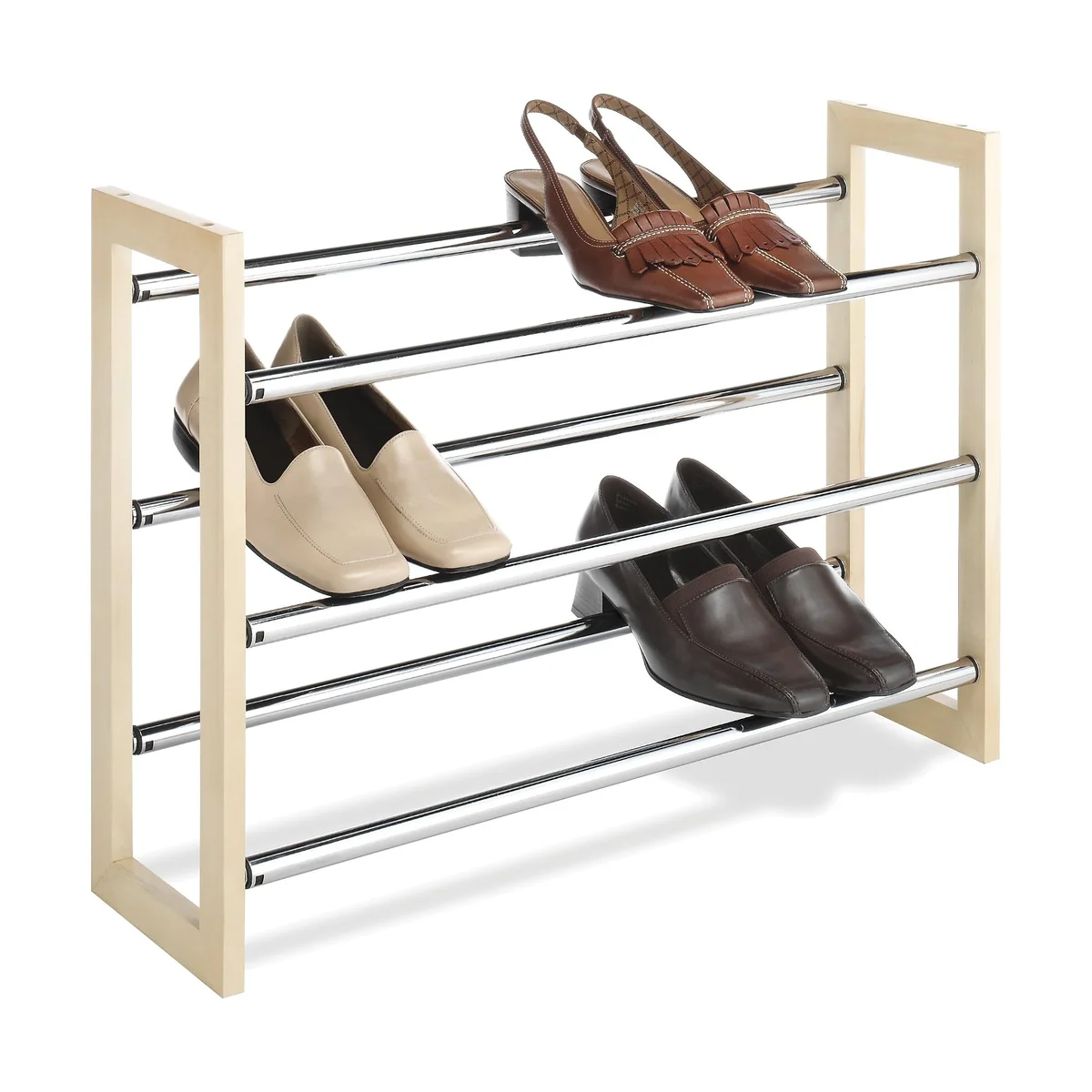 Whitmor 3 Tier Expandable Shoe Rack with natural wood end frames and chrome bars, holding three pairs of shoes, on white