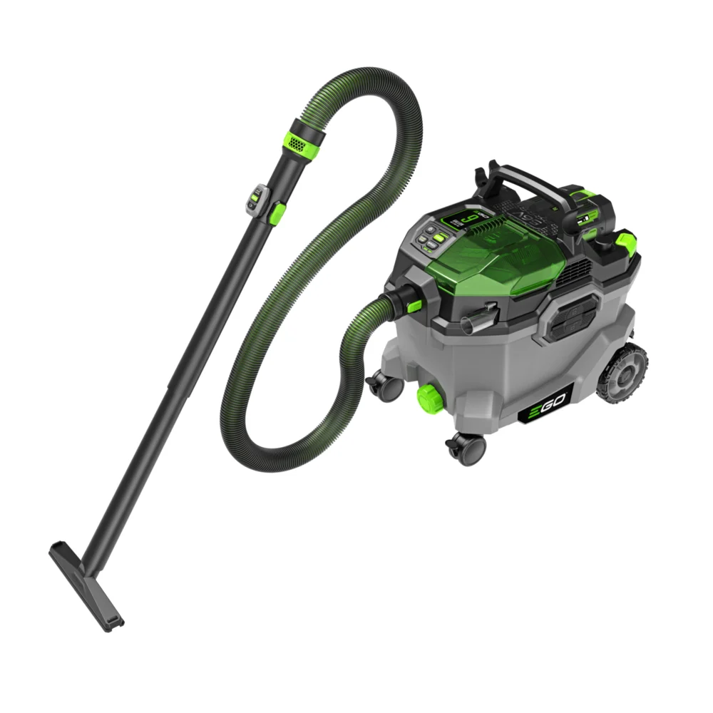EGO POWER+ WDV0904 shop vacuum with hose, wand, and floor nozzle fully extended on white background