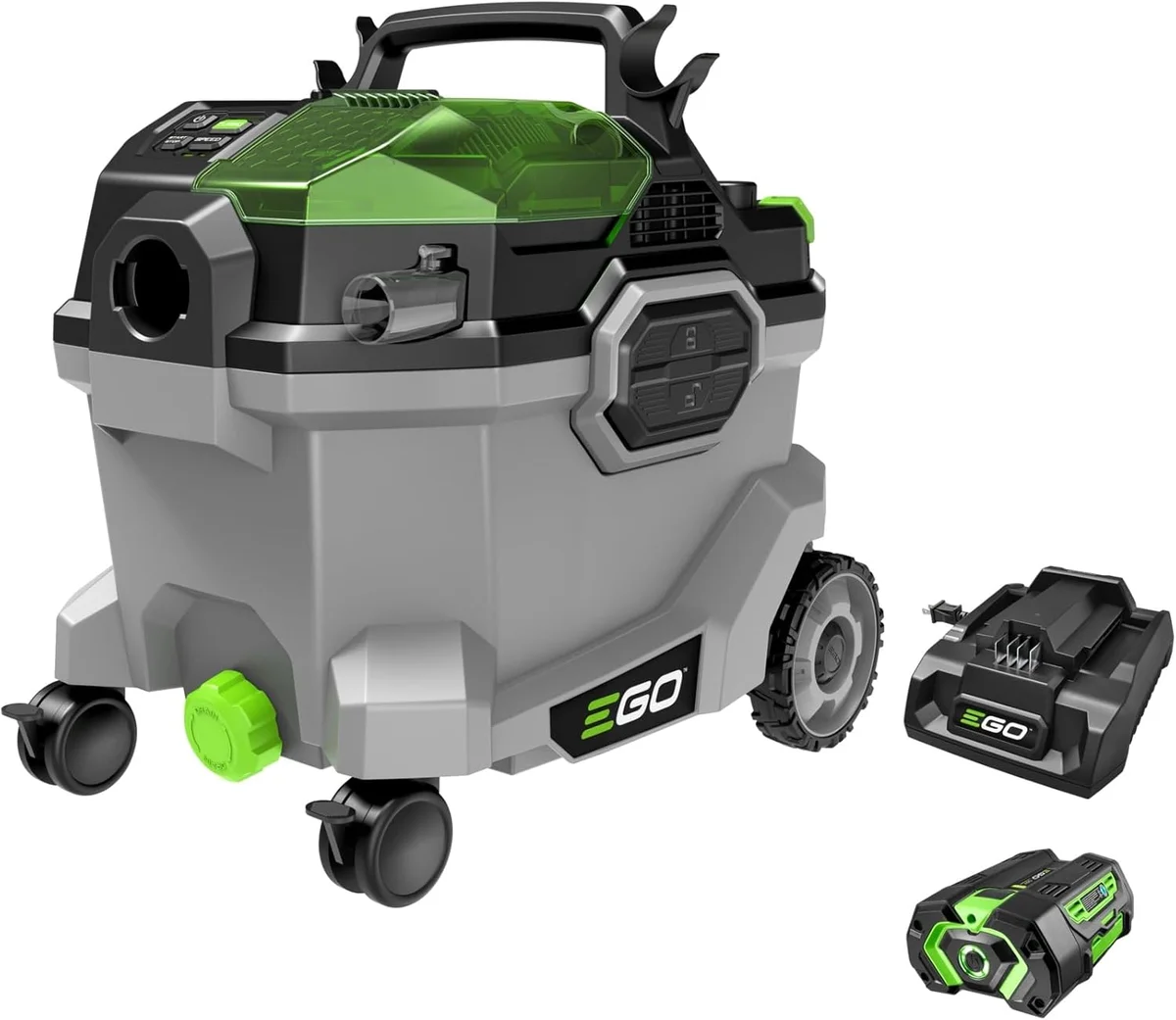 EGO POWER+ WDV0904 vacuum kit showing vacuum unit alongside 56V ARC Lithium battery and charger on white background