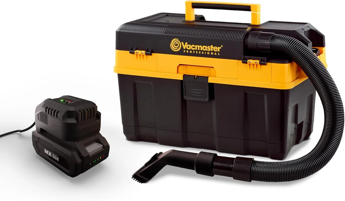 Vacmaster Professional 24V MAX Cordless Wet/Dry Vac with battery and charger, wide-angle front view