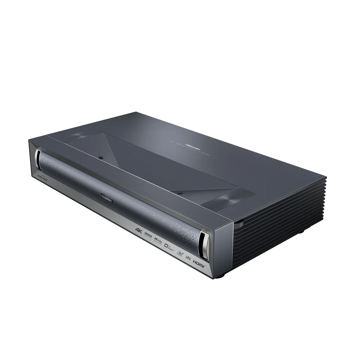 Hisense PX3-Pro shown from a 3/4 front-top angle on a white background, highlighting the lens housing and front badge cluster for 4K, Dolby, and HDMI support