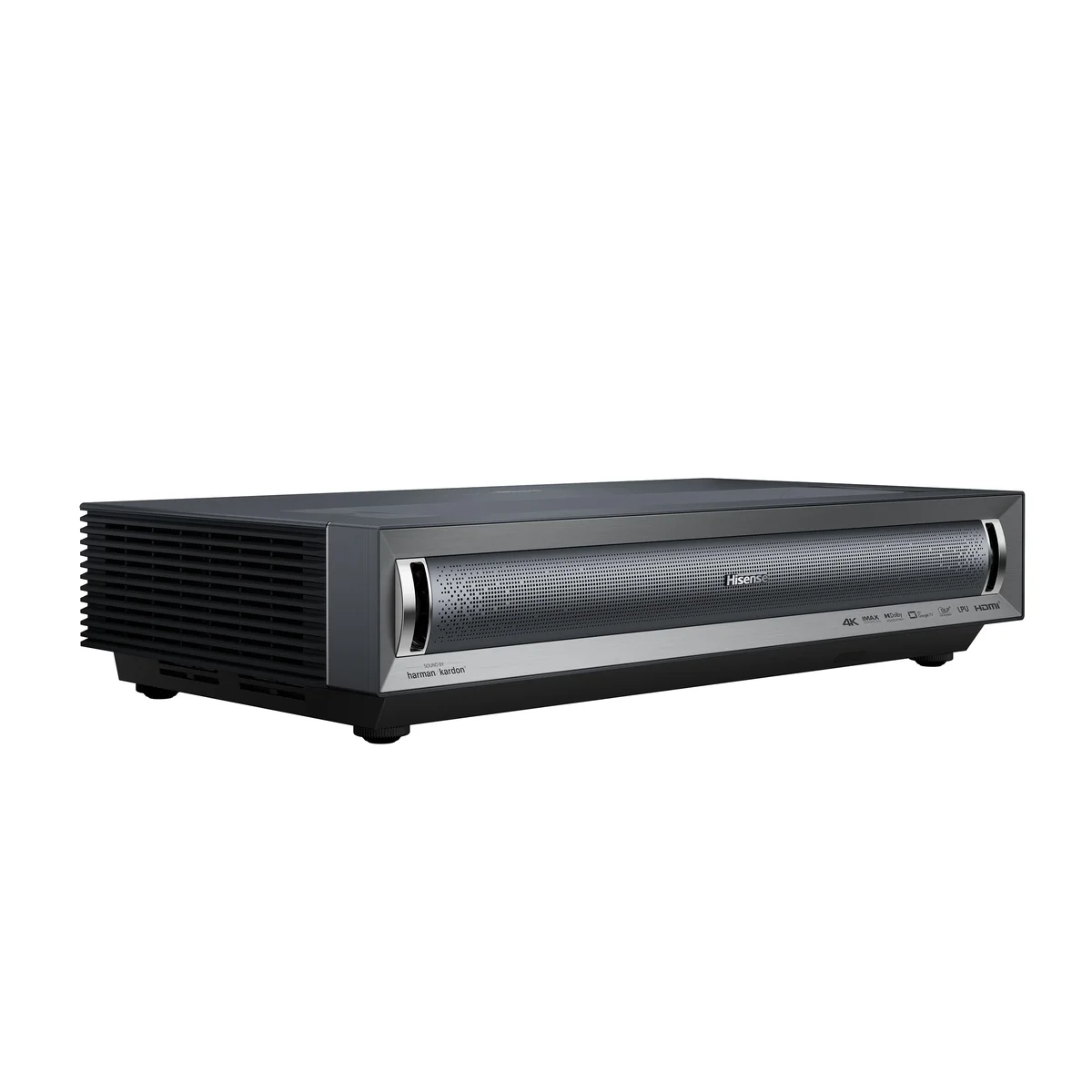 Hisense PX3-Pro ultra-short-throw laser projector shown at a 3/4 angle on a white background, showing the front vent and Harman Kardon speaker panel