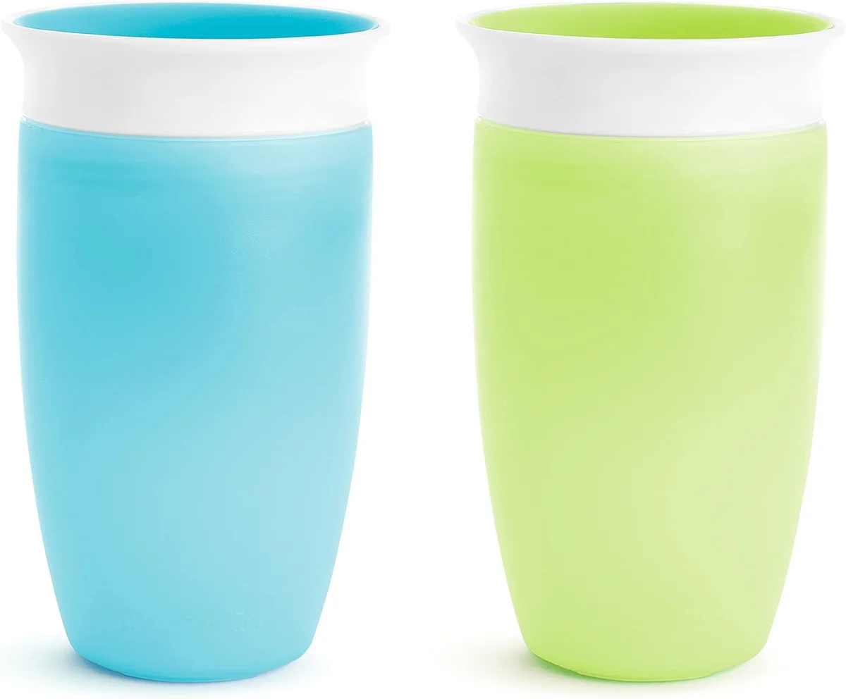 Munchkin Miracle 360 Sippy Cup 2-pack in blue and green, side view showing spoutless 360-degree rim