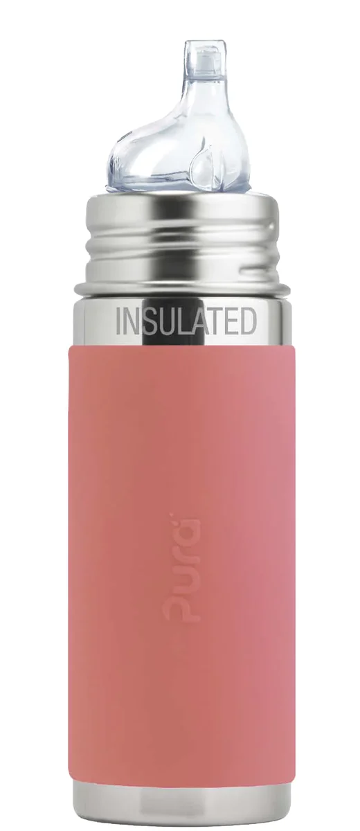 Pura Kiki 9oz Insulated Sippy Bottle with rose silicone sleeve, front view on white background