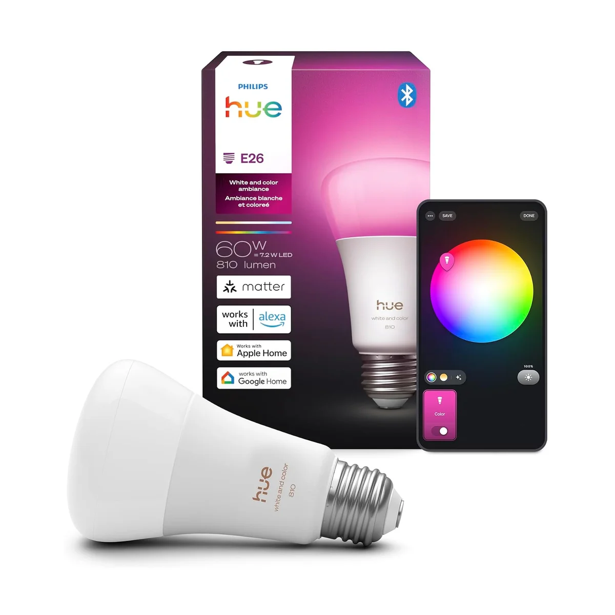 Philips Hue White and Color Ambiance A19 single bulb with retail box and app color picker
