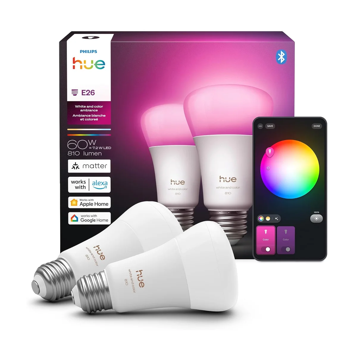 Philips Hue White and Color Ambiance A19 two-pack bulbs showing E26 bases beside box and app