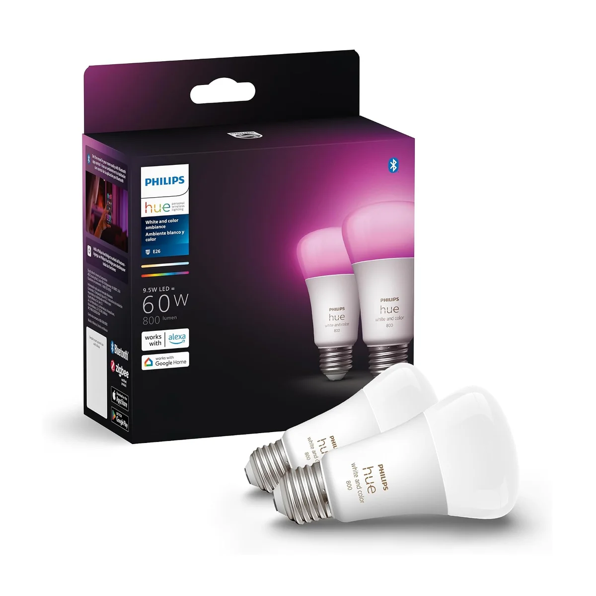 Philips Hue White and Color Ambiance A19 two bulbs leaning beside Philips Hue retail packaging