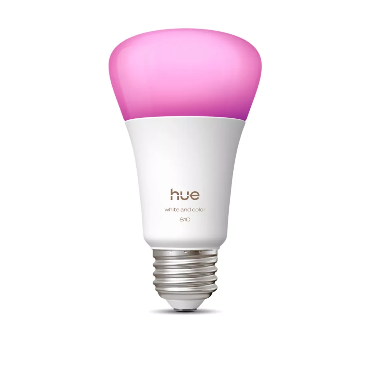 Philips Hue White and Color Ambiance A19 bulb glowing pink with E26 screw base on white
