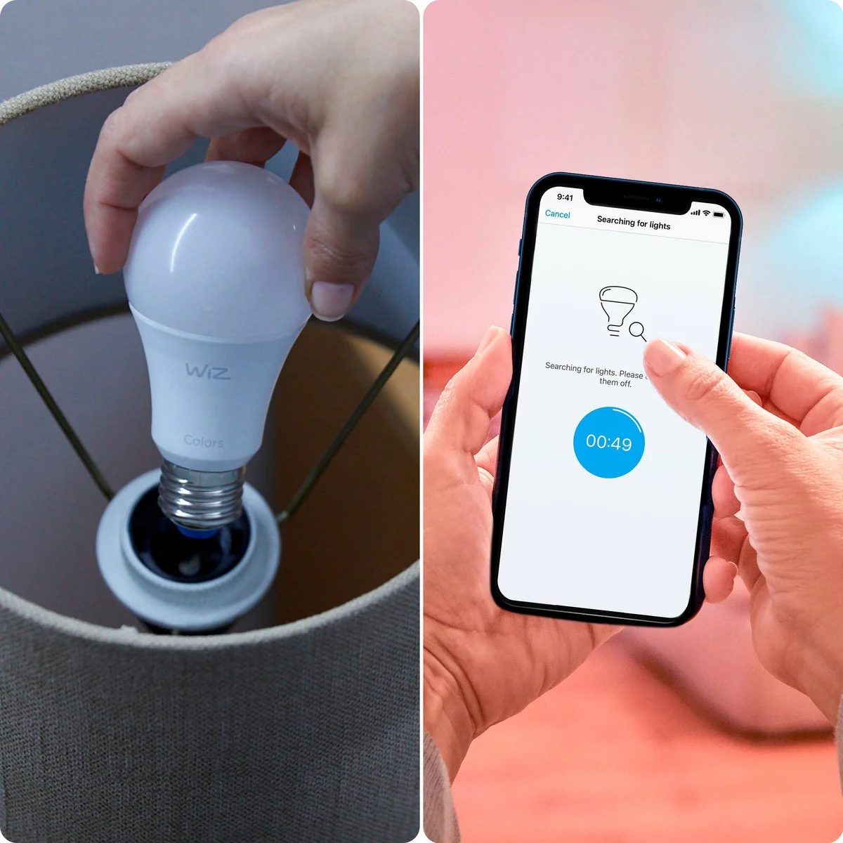 WiZ A19 bulb being screwed into a lamp socket beside the WiZ app pairing on a phone