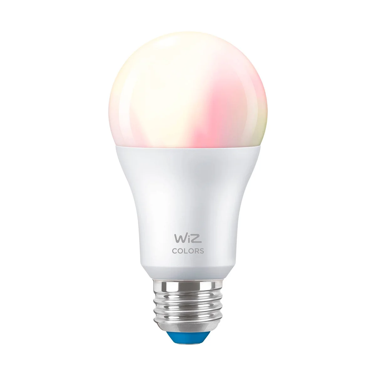 WiZ Color and Tunable White A19 smart bulb front view showing multicolor glow and E26 screw base