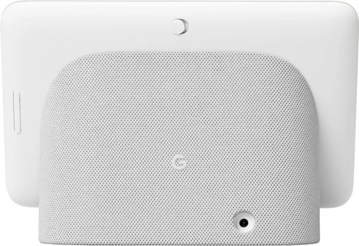Google Nest Hub (2nd Gen) rear view showing the fabric-wrapped base, Google logo, mic switch, and power port
