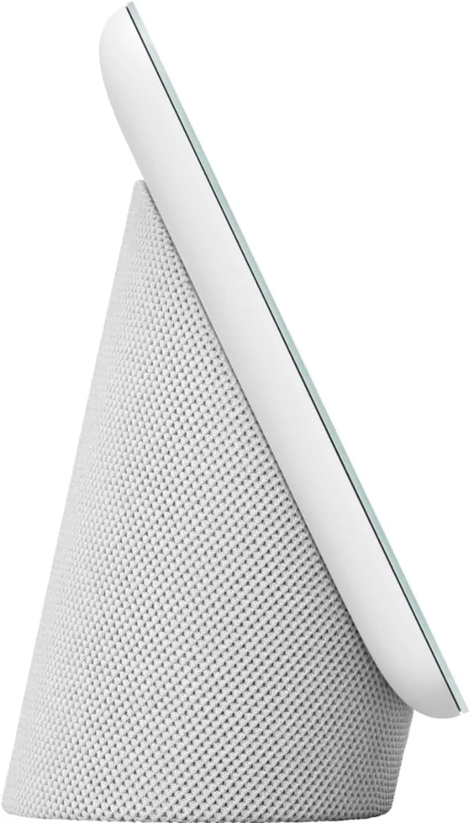 Google Nest Hub (2nd Gen) side profile showing the slim display edge and cone-shaped speaker base