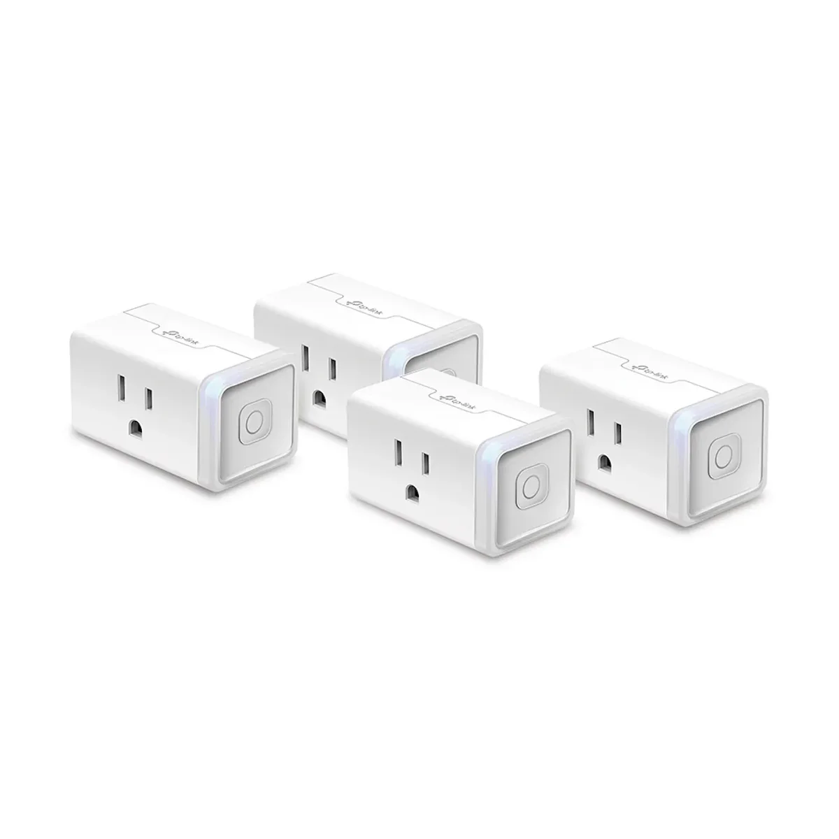 Four TP-Link Kasa EP25 smart plugs grouped together showing the space-saving stackable design