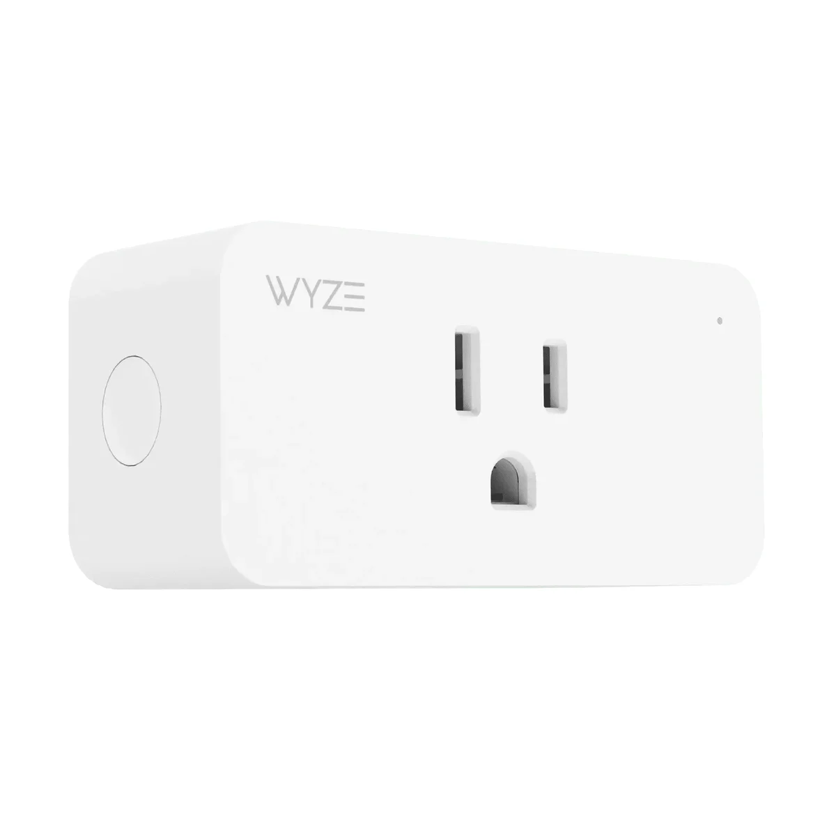 Wyze Plug single smart plug 3/4 angle showing side control button and outlet
