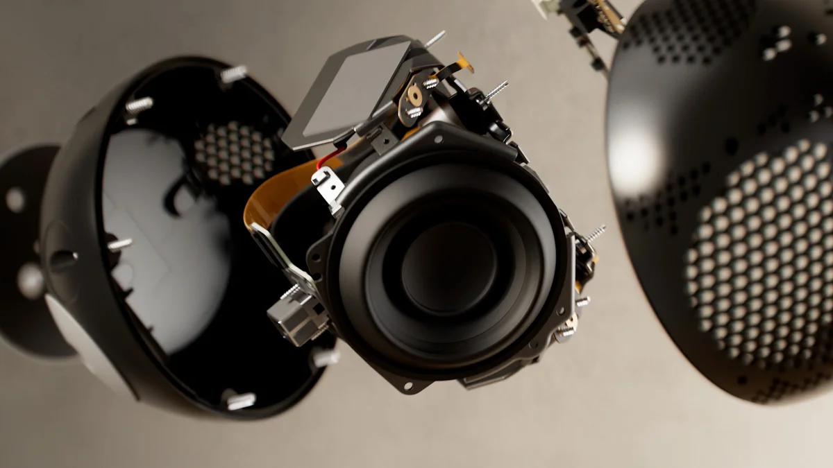 Amazon Echo Dot Max exploded engineering render revealing the 2.5-inch woofer, tweeter assembly, and internal speaker components