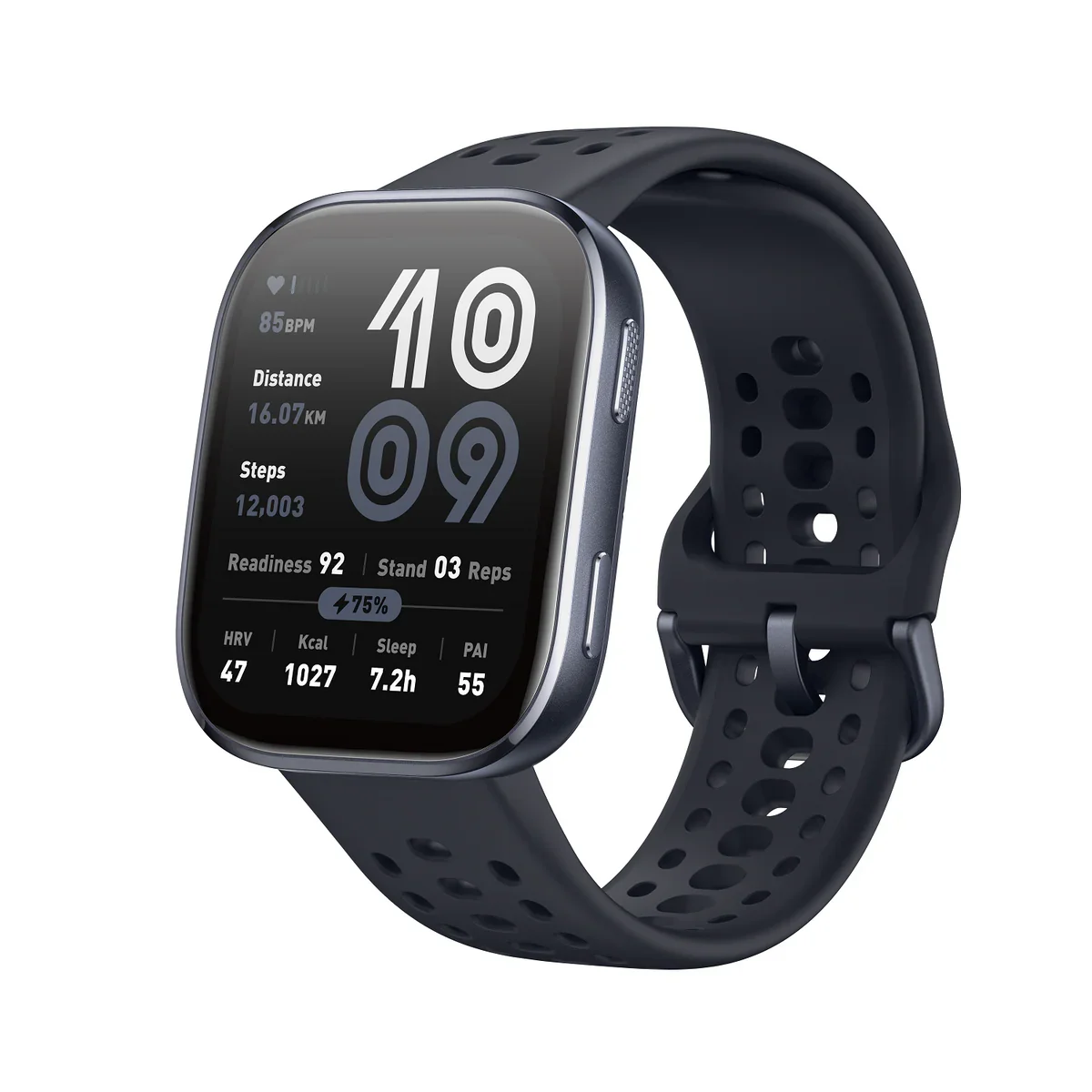 Amazfit Bip 6 smartwatch in black with sport band, front 3/4 view showing the 1.97-inch AMOLED display