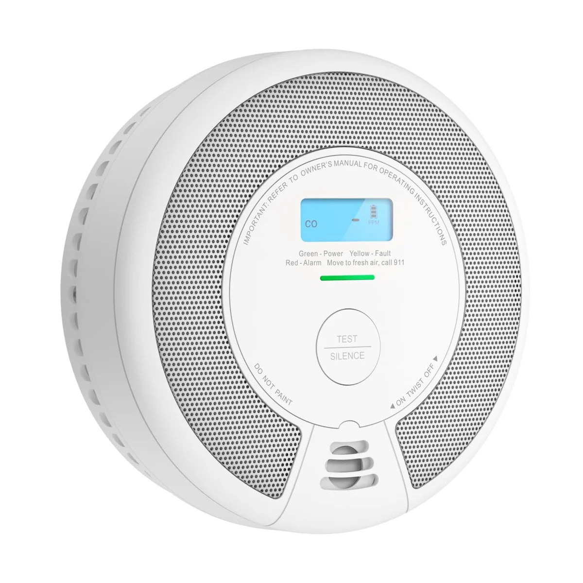 X-Sense SC07 alarm angled side profile showing vented housing, LCD display, and TEST/SILENCE button