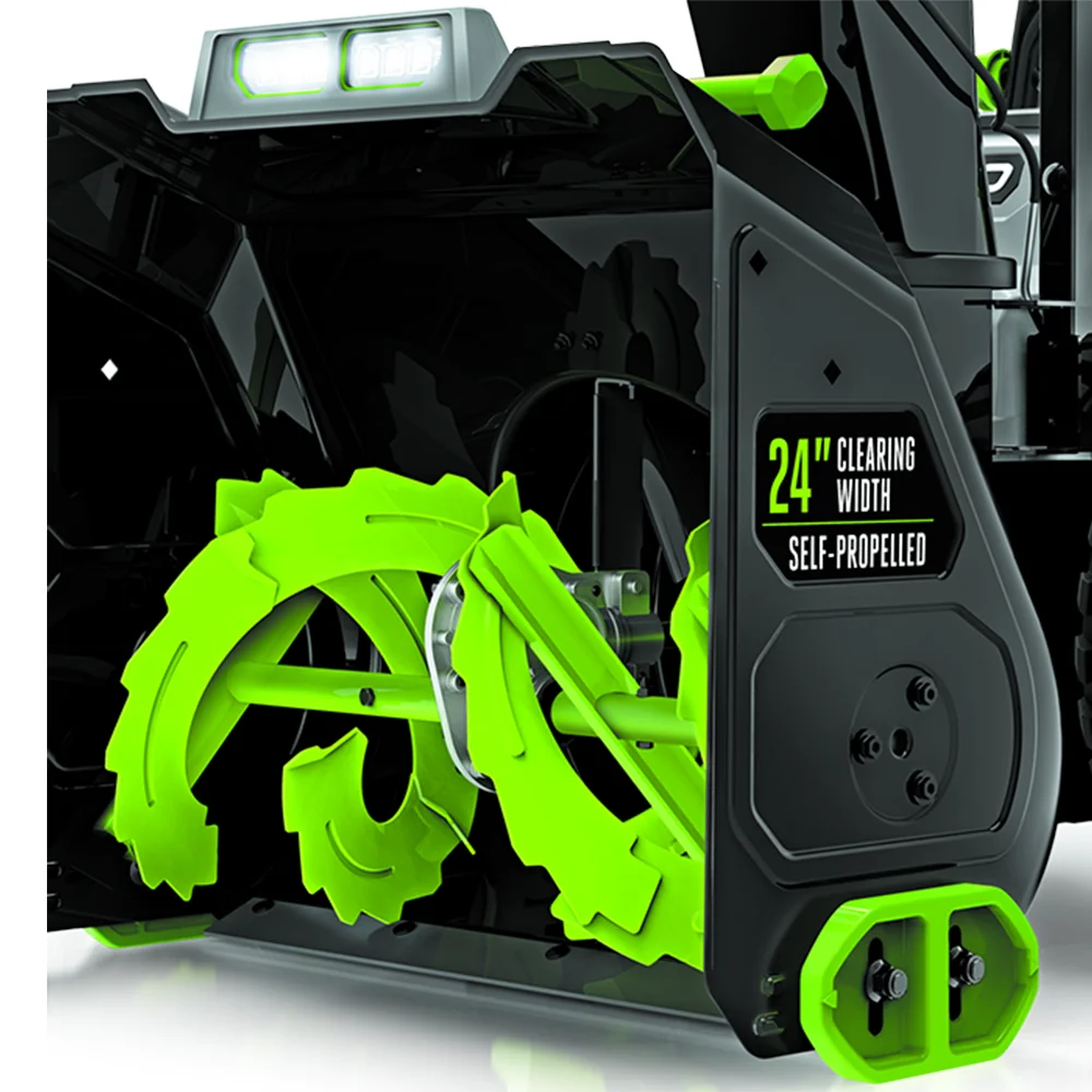 EGO POWER+ SNT2405 auger and intake housing close-up showing twin green steel augers