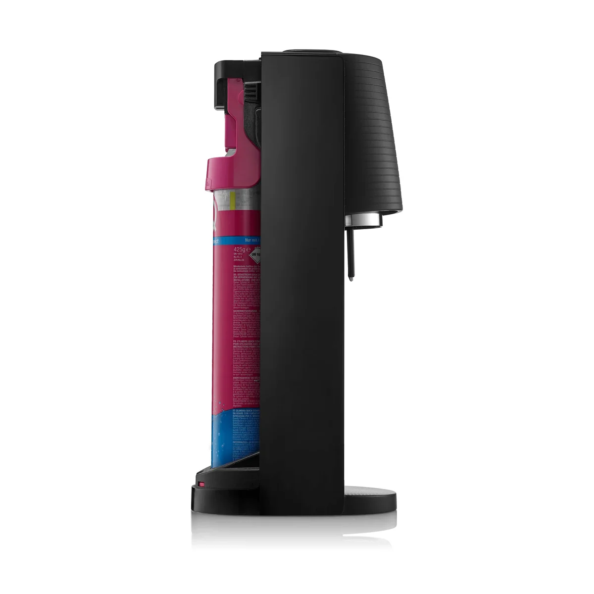 SodaStream Terra side profile in black showing the slim silhouette and loaded Quick Connect cylinder