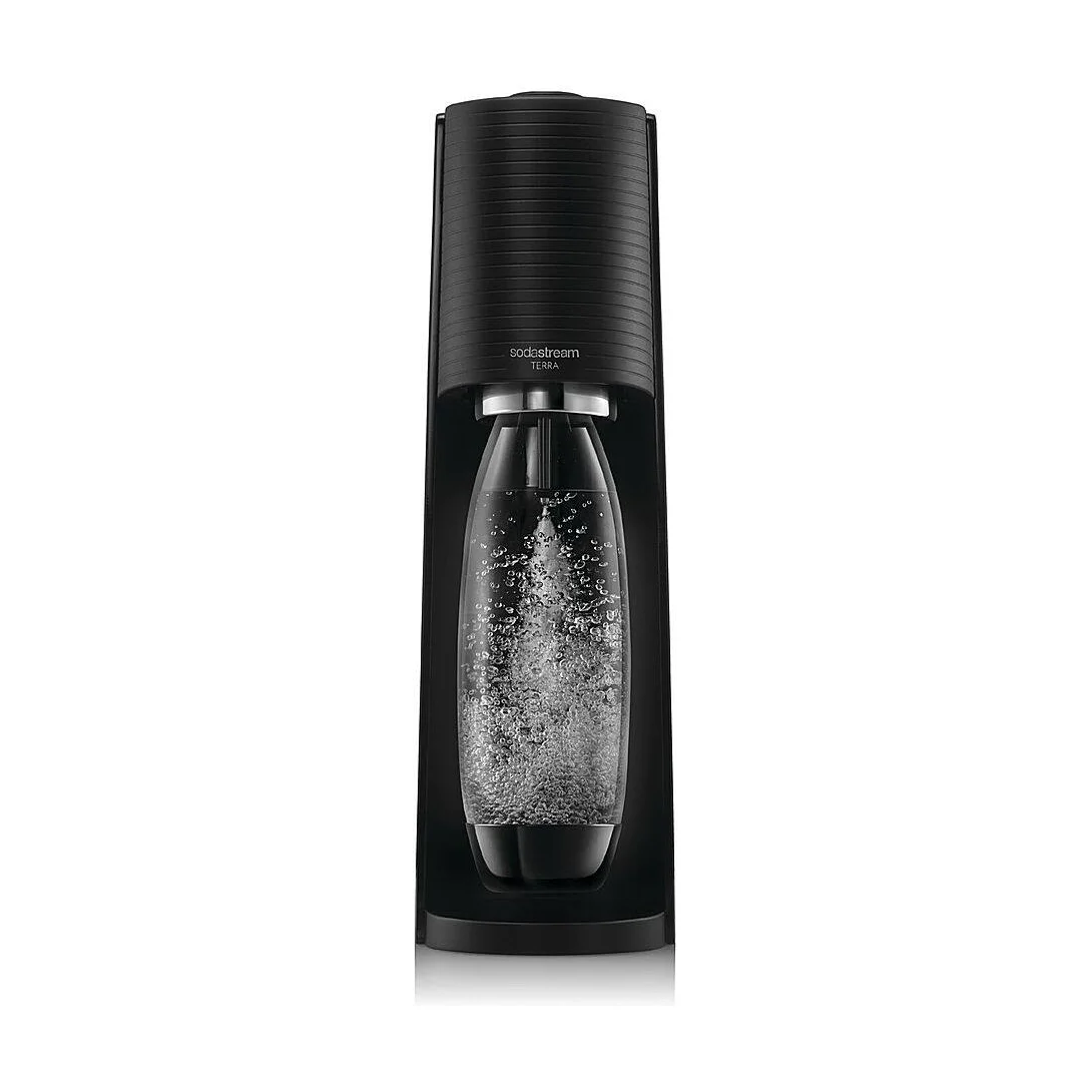 SodaStream Terra sparkling water maker in black, front view with carbonating bottle
