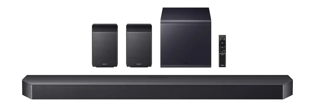 Samsung HW-Q990F full system layout showing bar, two rear satellites, subwoofer, and remote
