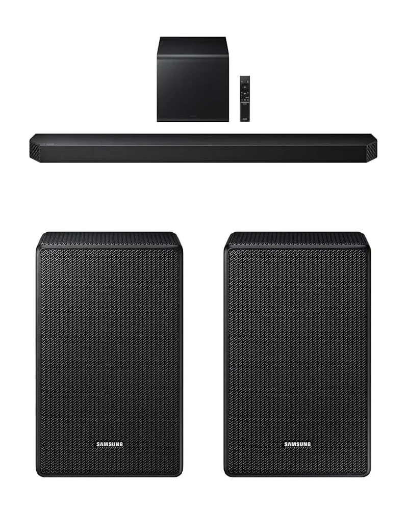 Samsung HW-Q990F complete system with soundbar, subwoofer, rear speakers, and remote