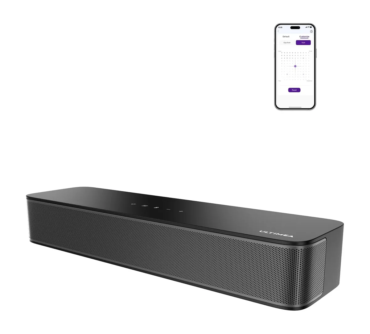 Ultimea Poseidon M60 soundbar close-up showing touch controls and grille