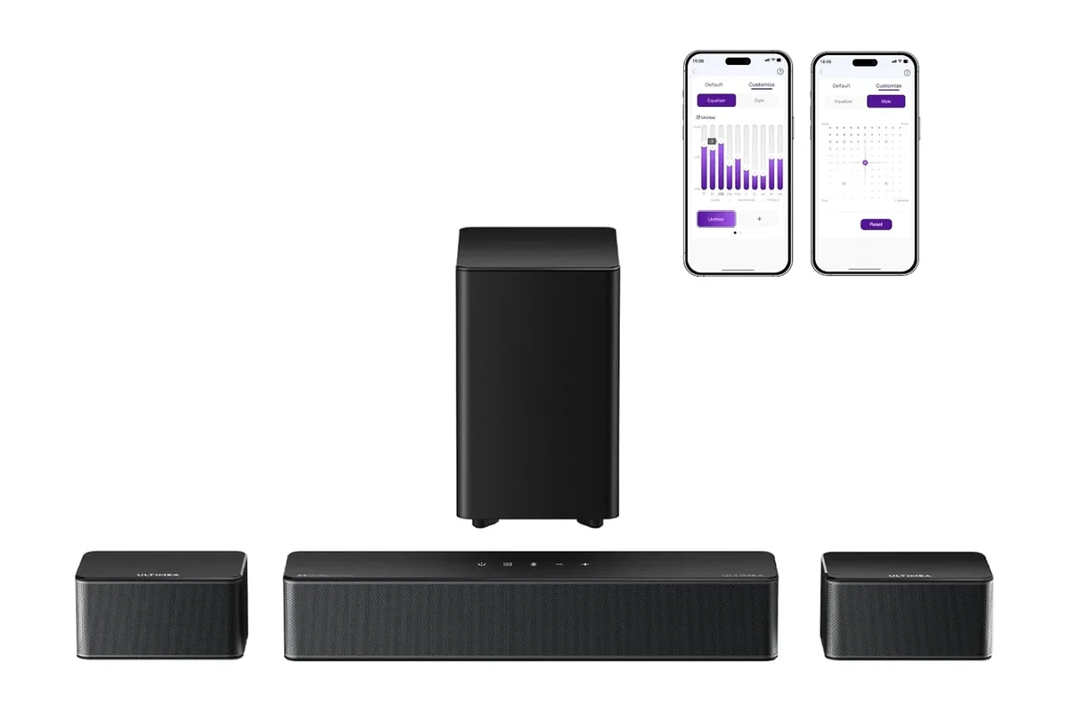Ultimea Poseidon M60 full system lineup with satellite speakers and app interface